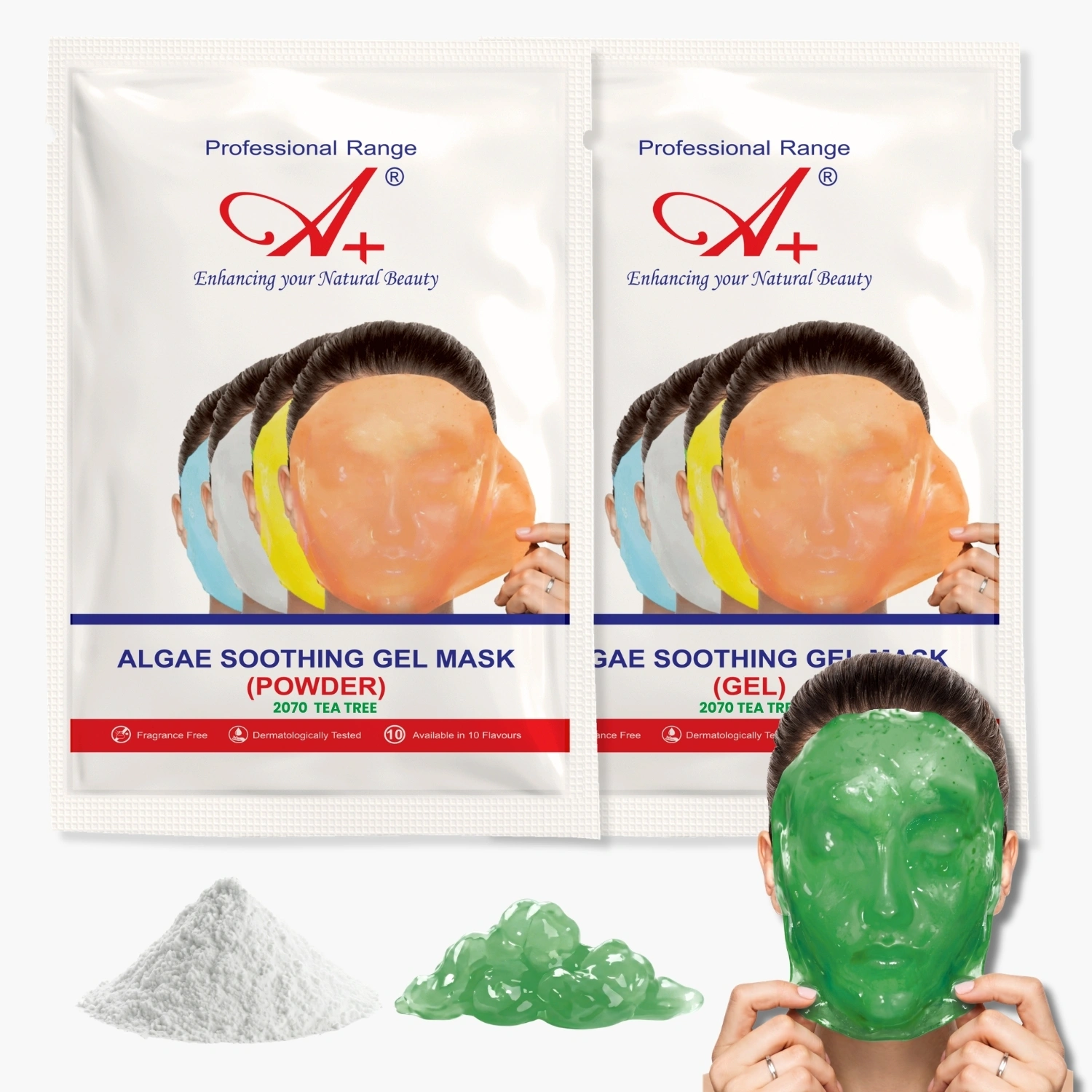 A+ Professional Range 2070 Tea Tree Soothing Gel Mask box with 50gm powder and 18gm gel packet premium clarifying peel off face pack A+ 2070 Tea Tree Gel Mask for oily and acne prone skin