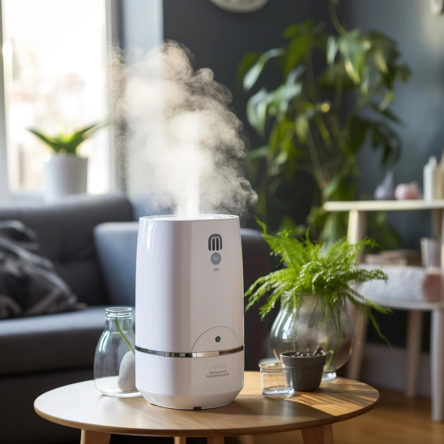 A modern humidifier running in a cozy indoor room, adding moisture to dry winter air.