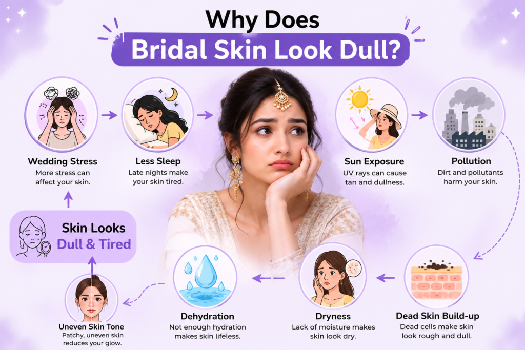 Infographic explaining the common causes of dull bridal skin before the wedding, including stress, lack of sleep, sun exposure, pollution, dryness, dehydration, dead skin buildup, and uneven skin tone.