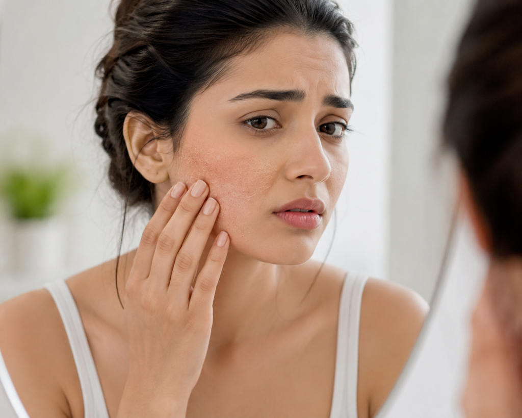 Woman touching dry cheeks because of dehydrated skin