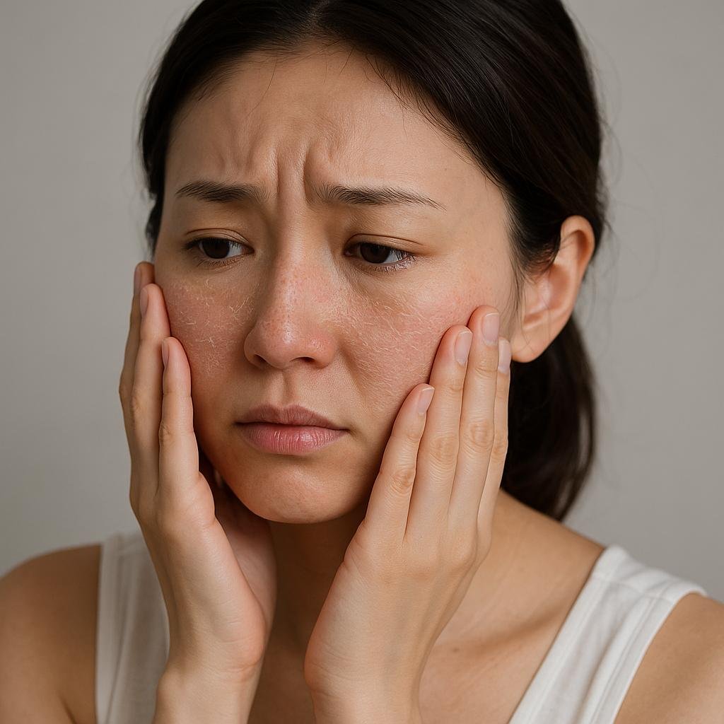Person holding cheeks because skin feels tight after cleansing